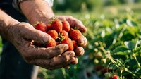 Farmer holding fresh ripe strawberries in hands over field during harvest season. Agricultural produce and farming concept.