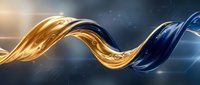 Liquid gold and blue ribbons flow and merge in dynamic motion against dark tech background with glowing light effects.