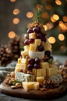 Gourmet cheese tower with grapes and nuts on wooden board, festive holiday appetizer platter with warm bokeh lights background for entertaining.