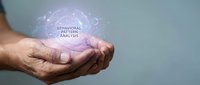 Hands holding glowing sphere with behavioral data analysis text and network connections for business intelligence and analytics presentations.
