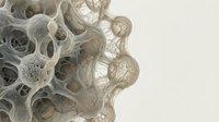 Intricate organic cellular structure with porous spherical formations and delicate fibrous networks in neutral tones, suitable for scientific visualization and abstract design projects.