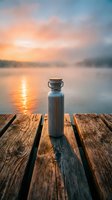 Stainless steel water bottle with handle sitting on wooden dock at sunrise over misty lake, ideal for outdoor recreation and lifestyle marketing.