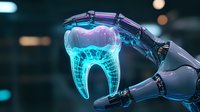 Robotic hand holding glowing digital tooth hologram showing dental structure and technology in modern dentistry against dark background with bokeh lights.