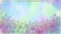 Watercolor gradient background with ornamental floral border in gold, pink, and purple tones. Soft pastel colors blend from blue to green to lavender. Decorative botanical elements frame the composition. Suitable for invitations, greeting cards, and design projects.