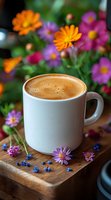 Fresh coffee in white ceramic mug on wooden surface with colorful cosmos and small blue flowers. Cozy morning atmosphere with natural floral decoration.