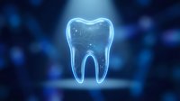 Glowing blue digital tooth hologram with wireframe structure on dark background for dental technology and healthcare innovation concepts.