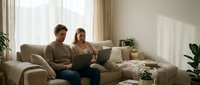 Young couple relaxing on beige sofa using laptop computer together in bright modern living room with natural sunlight streaming through windows.