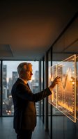 Senior businessman analyzing financial data on interactive display screen in modern office with city skyline view during evening hours.