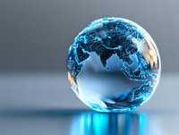 Glowing blue crystal globe showing Asia and Pacific region with illuminated city lights network on gray background, reflecting modern connectivity.