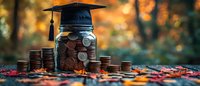 Glass jar with graduation cap filled with stacked coins on autumn leaves background, symbolizing education savings and financial planning for college studies.