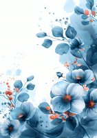 Delicate blue flowers with coral accents on white background, watercolor style floral composition with splashes and leaves for wedding invitations and decor.