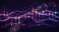 Abstract digital wave landscape with glowing particles and neon lights creating futuristic data visualization on dark background for technology concepts.
