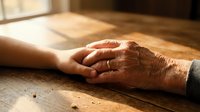 Young woman's hand gently holding elderly person's wrinkled hand on wooden table in warm sunlight showing intergenerational care and compassion.