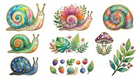 Colorful snails with spiral shells in vibrant hues, botanical elements including flowers, leaves, berries, and mushrooms. Isolated clipart set ready for design projects, t-shirts, and creative applications.