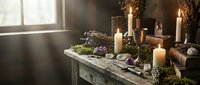 Rustic wooden shelf decorated with lit candles, dried flowers, moss, and purple accents near a window for home decor and styling.