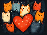 Cute cartoon cats surrounding red heart on dark background with small hearts and geometric shapes. Playful orange, gray and cream colored felines in childlike drawing style.