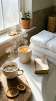Cozy self-care bathroom scene with steaming herbal tea, lit candle, dried citrus slices, stacked white towels, and a book by a sunny window.