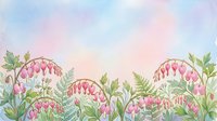Watercolor bleeding heart flowers with ferns on pastel gradient background, soft pink botanical garden scene for cards and prints.