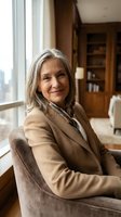 Confident mature businesswoman with gray hair smiling in elegant office interior with bookshelf and city view for corporate leadership concepts.