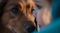 Close up portrait of brown dog with soulful blue eyes looking at camera, shallow depth of field creates dreamy mood against blurred teal background.