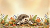 Hedgehog family with babies surrounded by autumn flowers, ferns, and foliage in warm earthy tones, isolated on cream background for design use.