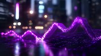 Glowing purple financial chart visualization with neon light effect against dark urban background showing market data analysis and statistics.