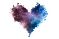 Cosmic heart shape formed by pink and blue nebula watercolor effect with stars and galaxy texture on white background, isolated for creative designs.