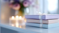 Stack of pastel colored books with white ribbons on table with blurred candles and flowers in background. Cozy home decor setting.