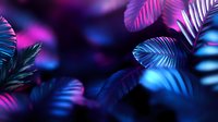Vibrant tropical leaves in neon pink and electric blue colors against dark background create dramatic mood lighting effect for modern nature design concept.