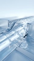 Abstract flowing water cascading over transparent glass geometric shapes, light blue tones, clean minimal aesthetic for luxury branding.