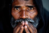 Close up portrait of mature South Asian man with gray mustache and intense gaze, hands clasped near face against dark background, showing contemplation and wisdom.