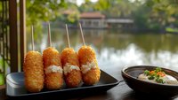 Golden fried cheese sticks with creamy dipping sauce served on outdoor restaurant terrace overlooking peaceful lake and lush greenery for dining experience.