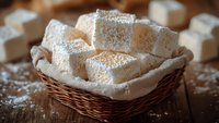 Homemade marshmallow cubes dusted with powdered sugar served in rustic wicker basket on wooden table, soft focus close up shot for food photography and dessert blogs.