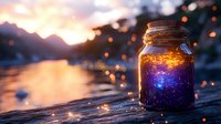 Mason jar filled with glowing galaxy stars and cosmic dust creates magical atmosphere during golden hour sunset by mountain lake with bokeh lights.