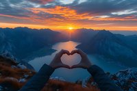 Hands forming heart shape against dramatic mountain sunset and lake view, with vibrant orange sky and dramatic clouds reflecting on alpine waters below.