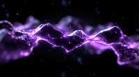 Glowing purple wave of particles and light effects on black background creates dynamic energy flow visualization for modern technology designs.