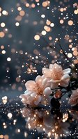 Delicate pink cherry blossoms with soft bokeh lights reflecting on dark surface, creating magical atmosphere with glowing particles and water droplets.