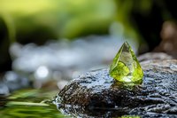 Green crystal on wet stone in tranquil water setting with natural bokeh background creates zen atmosphere for wellness and meditation concepts.
