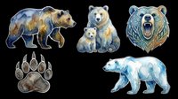 Watercolor bear clipart set with grizzly, polar bear, cub, paw print, and ornate bear head, isolated on transparent background, ready for stickers, t-shirt design, and print on demand.