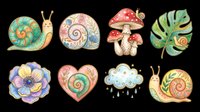 Cute snail and mushroom clipart set with flowers, heart, cloud, and leaf, isolated on transparent background. Great for stickers, t-shirt design, and print on demand.