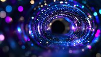 Glowing spiral tunnel with vibrant blue and purple bokeh lights creating magical portal effect against dark background. Cosmic abstract design for sci-fi concepts.