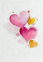 Watercolor hearts in pink and gold tones with splatter effect on white textured paper, for Valentine's cards, wedding invitations, or romantic designs.