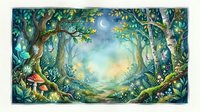 Enchanted forest path glowing under a crescent moon, with fairies, mushrooms, and magical light in a watercolor art style.