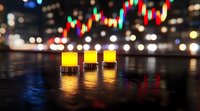Glowing yellow candlesticks on dark background with blurred trading chart and stock market data, financial analysis concept for investment decisions.
