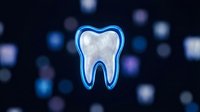 Glowing blue tooth icon with neon outline on dark blurred background for dental care, oral health and medical technology concepts.