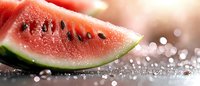 Fresh watermelon slice with black seeds on wet surface with water droplets and bright sunlight creating bokeh effect in background.