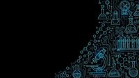 Science laboratory equipment and chemistry icons in blue outline style on black background for research and education materials.