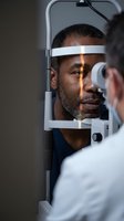 African American man receiving comprehensive eye examination from ophthalmologist using slit lamp microscope in modern medical clinic for vision care.