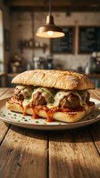Gourmet meatball sandwich with melted cheese and marinara sauce on crusty bread, served on wooden table in modern cafe setting with pendant lighting overhead.