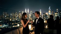 Elegant couple toasting champagne on luxury rooftop terrace overlooking illuminated city skyline at night for romantic dinner celebration.